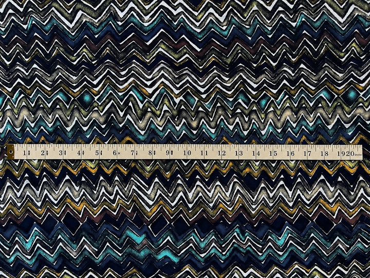 Crepe de Chine fabric by the yard -  Blue And Green Zig Zag Tribal