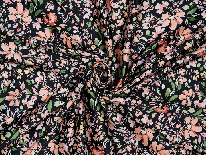 Faux silk charmeuse satin fabric by the yard - Black orange ivory   floral  print