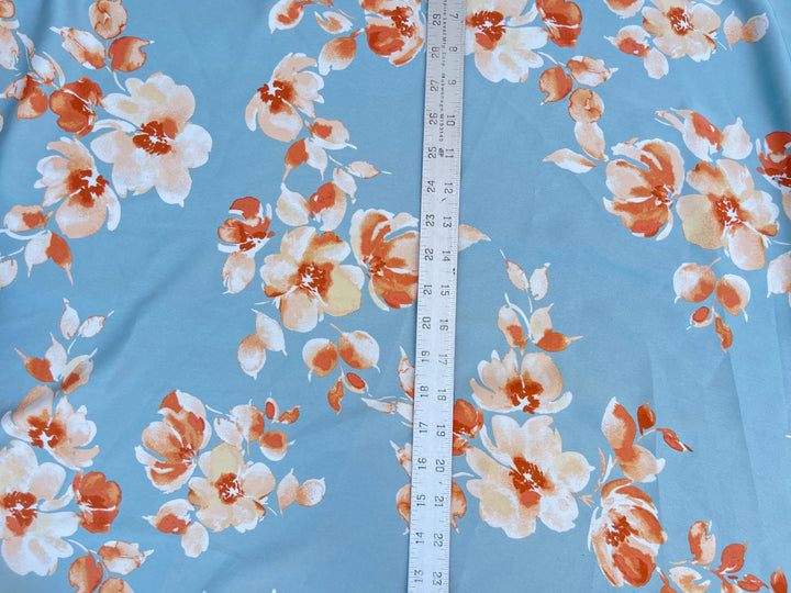 satin  dobby fabric by the yard - Dusty blue with rusty orange  floral  pattern