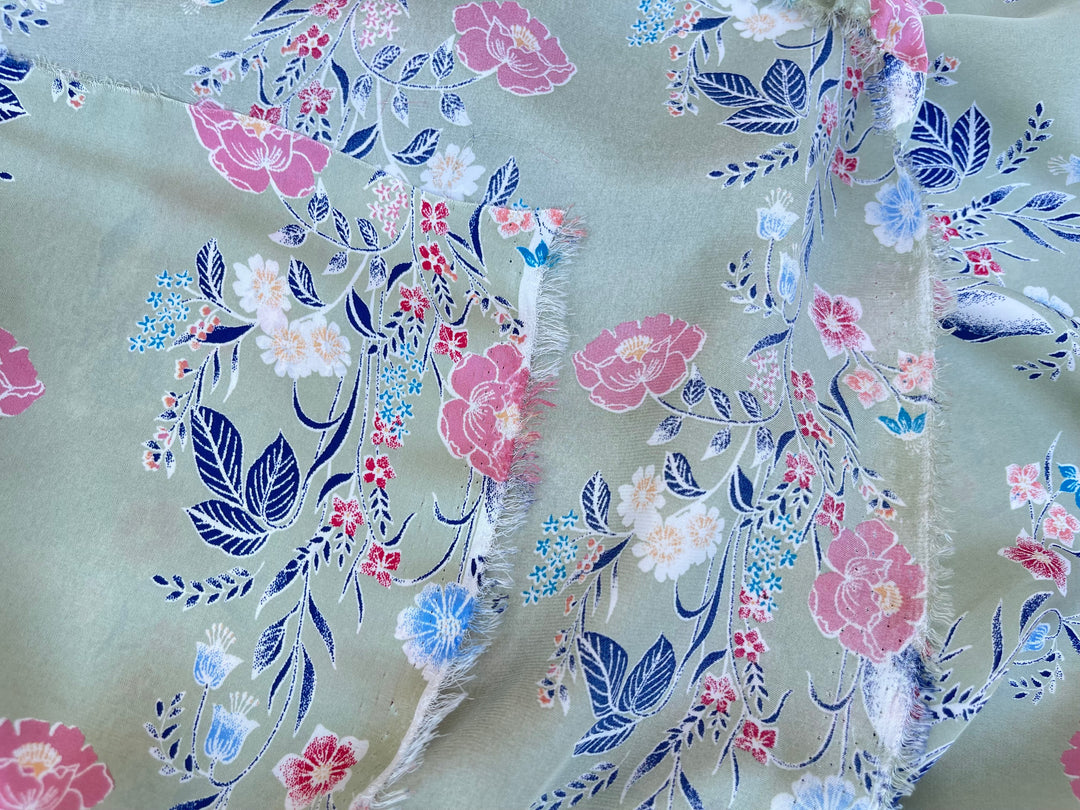 Lightweight  satin  fabric by the yard -  Sage blue and pink floral    print