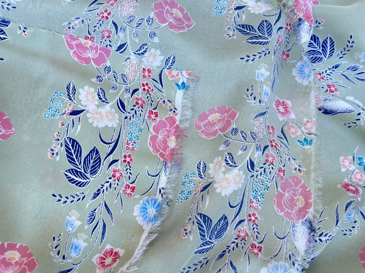 Lightweight  satin  fabric by the yard -  Sage blue and pink floral    print