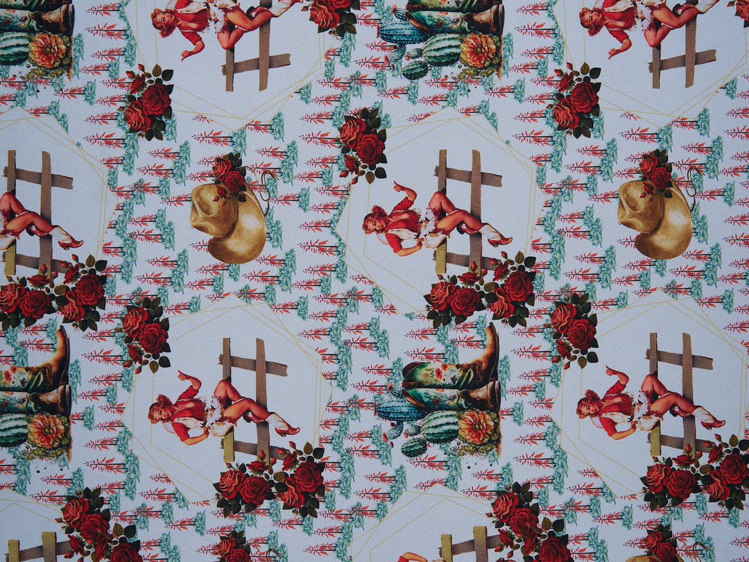 Charmeuse Satin sublimation  fabric by the yard -   Cowgirls, roses and Indian brush flowers  print