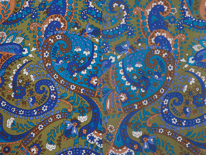 Paisley charmeuse satin fabric by the yard - Green, blue and brown tones