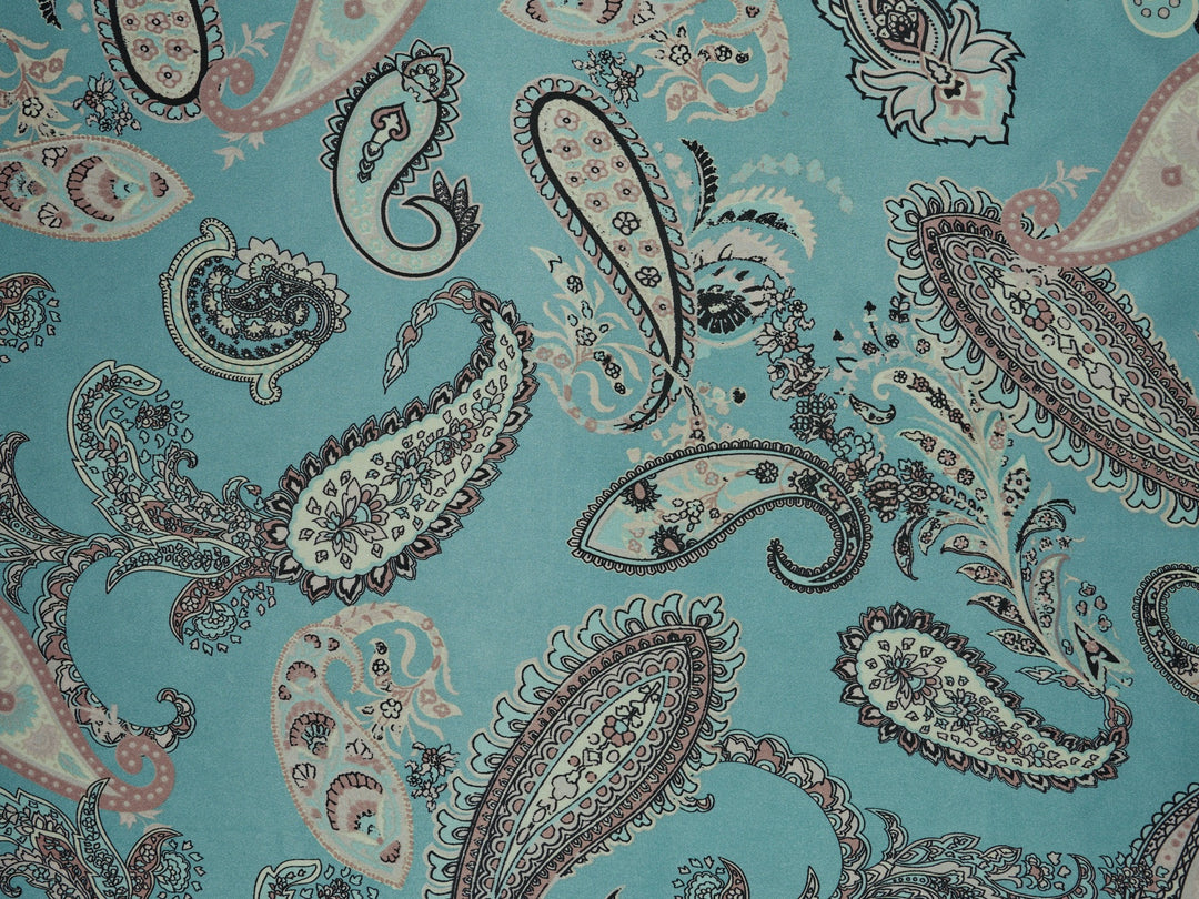 Charmeuse satin fabric by the yard - Pastel aqua blue paisley  print - USA made