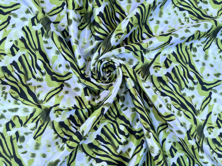 Charmeuse satin fabric by the yard - Green and off white animal print