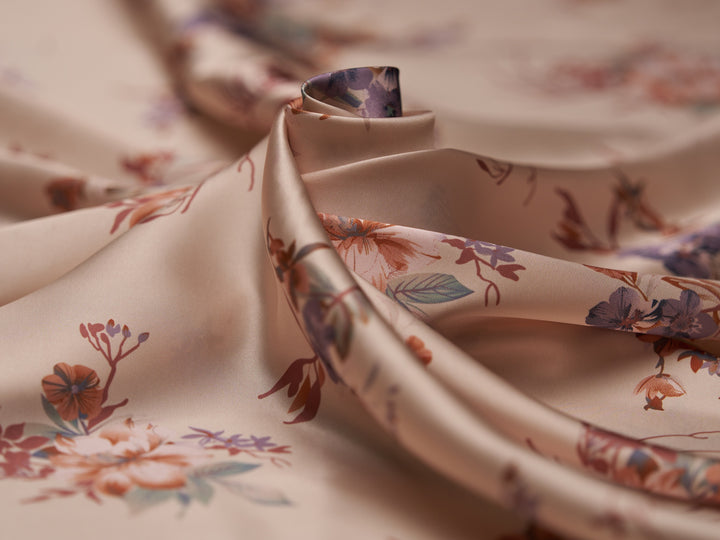 Lightweight  satin fabric by the yard - Rusty lavender flowers  with brown tones on a Peachy background - floral pattern