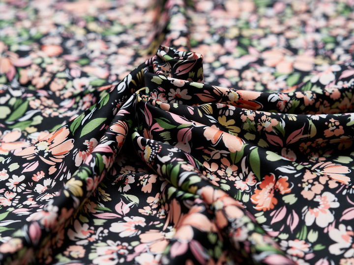 Faux silk charmeuse satin fabric by the yard - Black orange ivory   floral  print