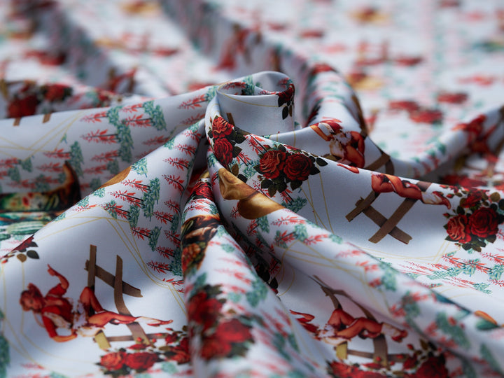 Charmeuse Satin sublimation  fabric by the yard -   Cowgirls, roses and Indian brush flowers  print