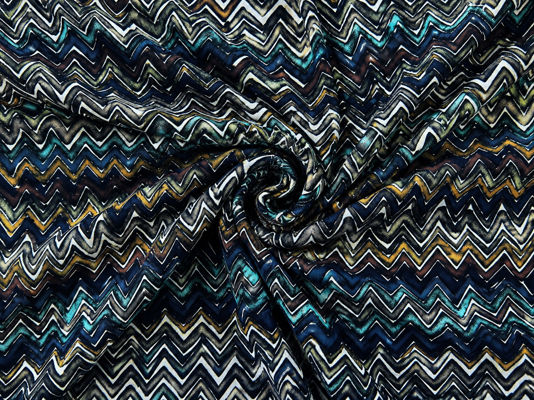 Crepe de Chine fabric by the yard -  Blue And Green Zig Zag Tribal