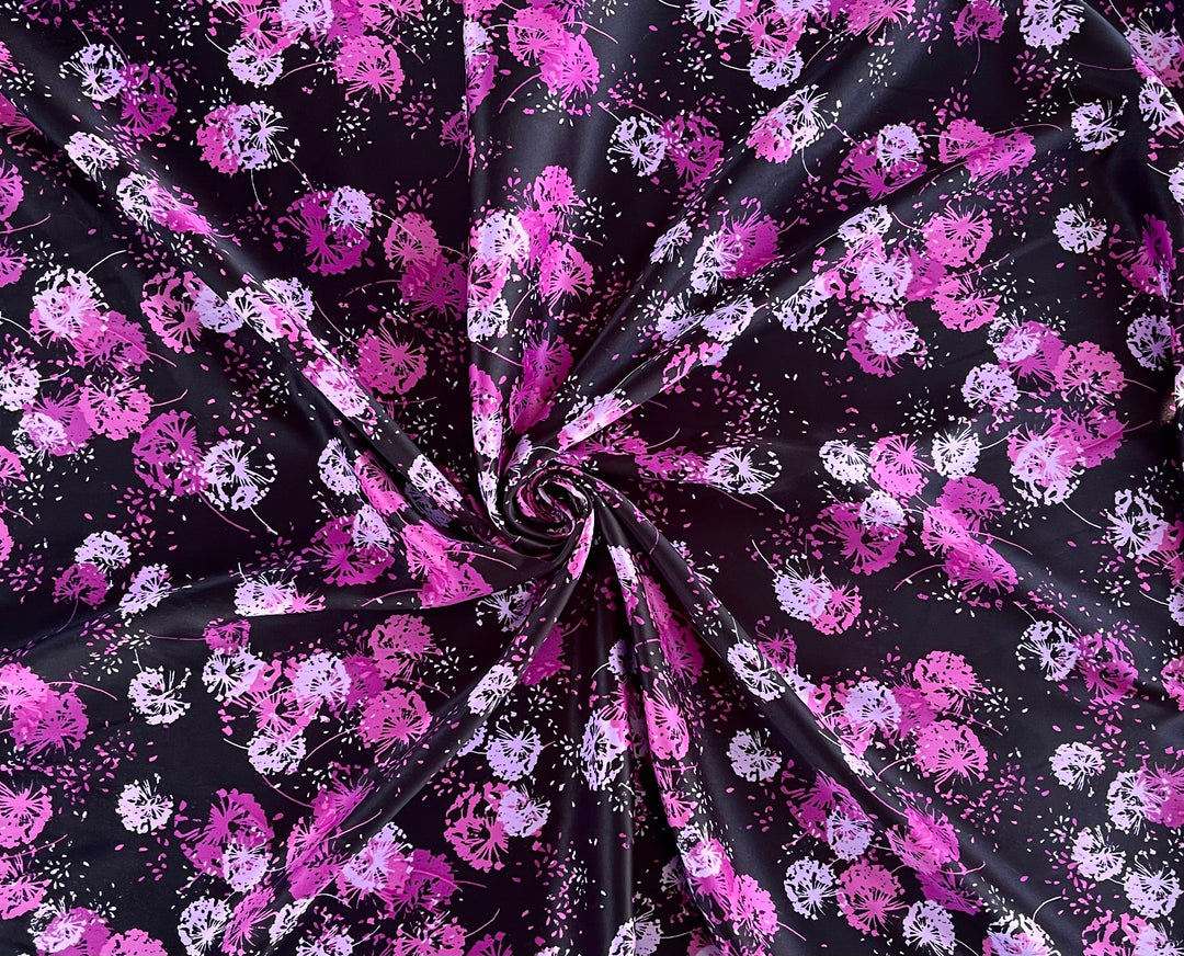 Charmeuse satin fabric   -  Black pink Dandelions nature  print