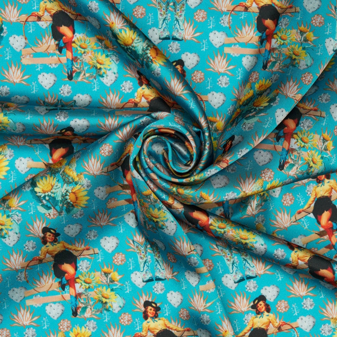 Charmeuse Satin sublimation  fabric by the yard -   Sunflowers Cactus and Cowgirls western tribal print