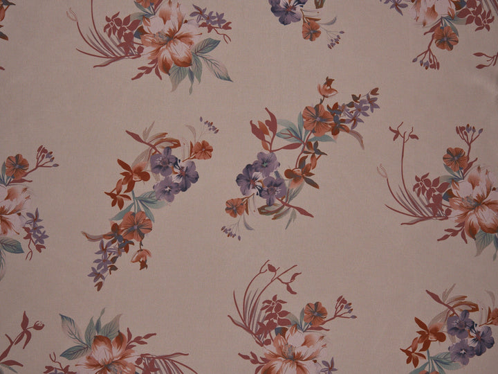 Lightweight  satin fabric by the yard - Rusty lavender flowers  with brown tones on a Peachy background - floral pattern