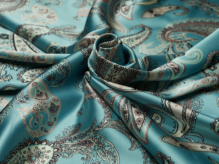 Charmeuse satin fabric by the yard - Pastel aqua blue paisley  print - USA made