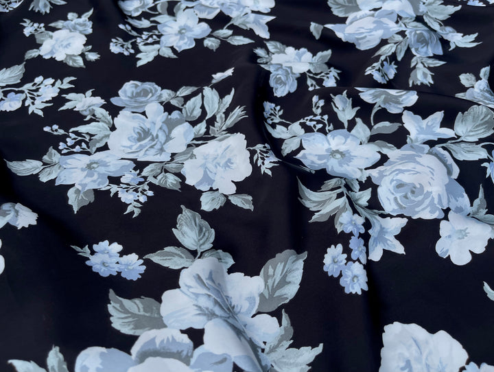 Lightweight  satin  fabric - Black white and gray floral   print