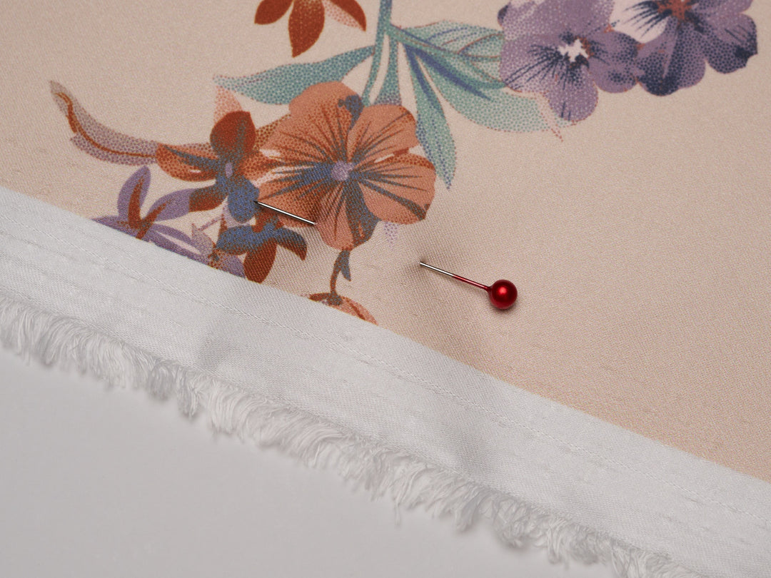 Lightweight  satin fabric by the yard - Rusty lavender flowers  with brown tones on a Peachy background - floral pattern