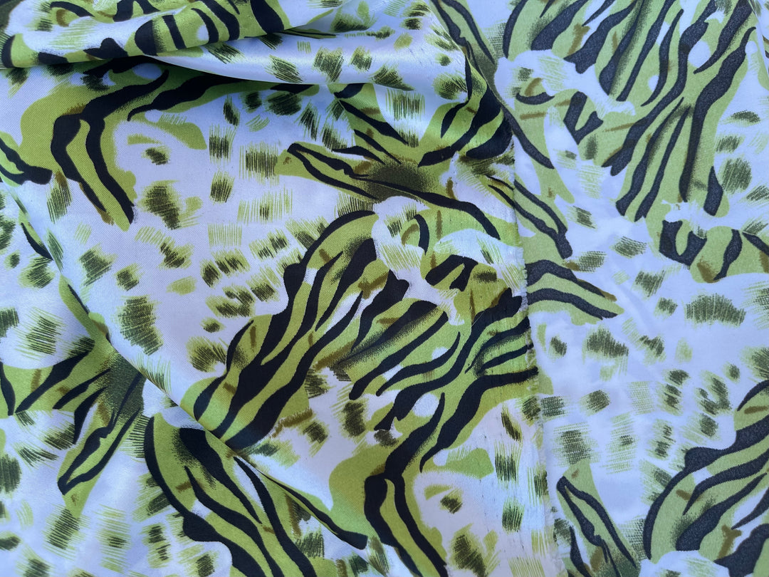 Charmeuse satin fabric by the yard - Green and off white animal print