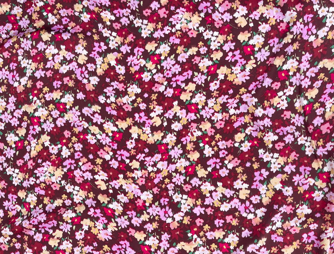 Lightweight  satin fabric by the yard - Burgundy brown pink  dainty floral pattern