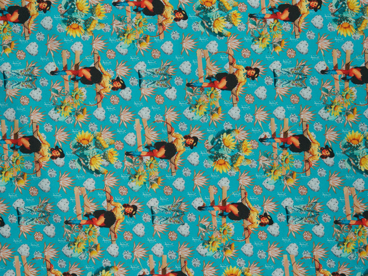 Charmeuse Satin sublimation  fabric by the yard -   Sunflowers Cactus and Cowgirls western tribal print