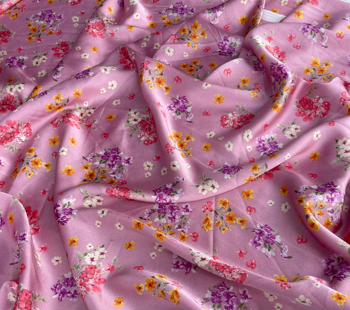 Lightweight  satin  dobby fabric by the yard - raspberry pink  floral  pattern