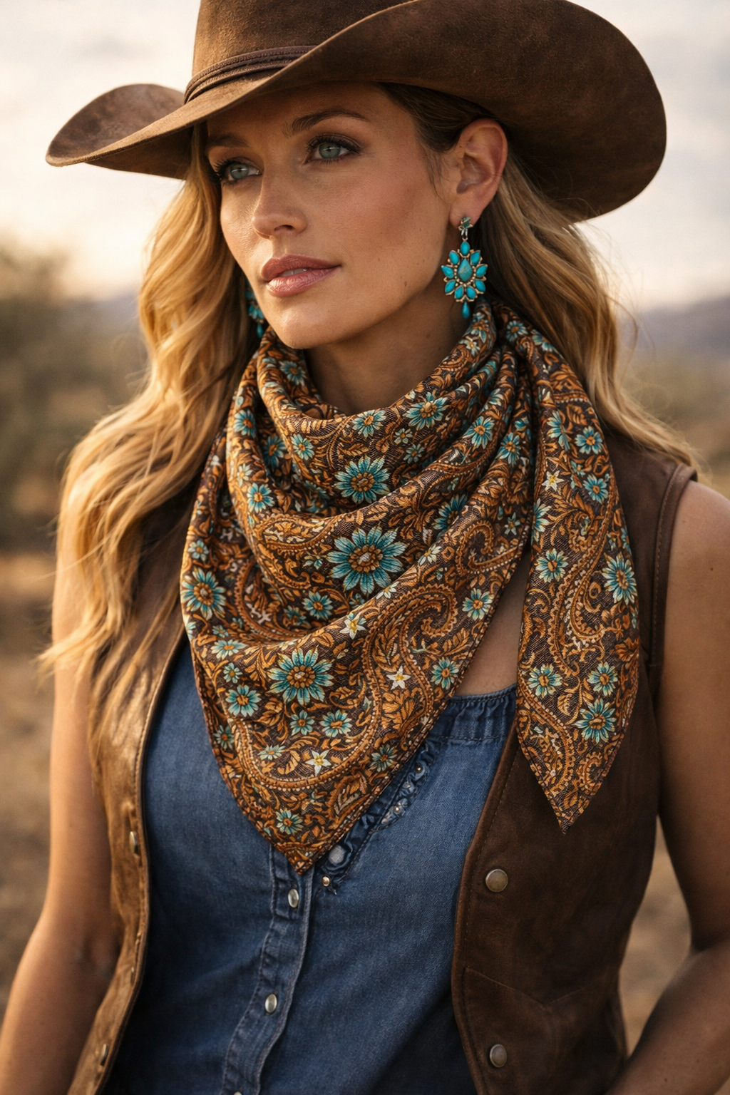 Western Brown and Aqua Paisley Satin Charmeuse Fabric by the Yard – Silky Cowboy Shirt  Fabric