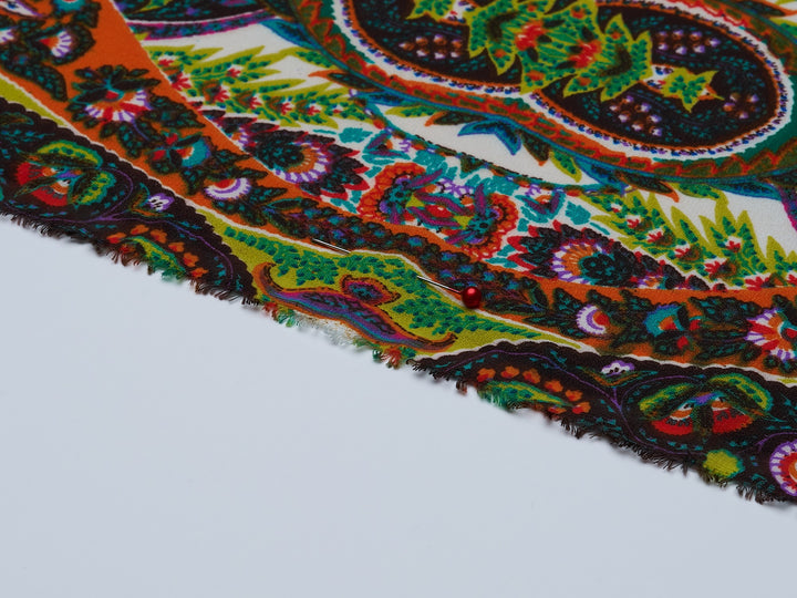 Georgette  boho tribal fabric by the yard - Orange teal turquoise paisley bohemian print