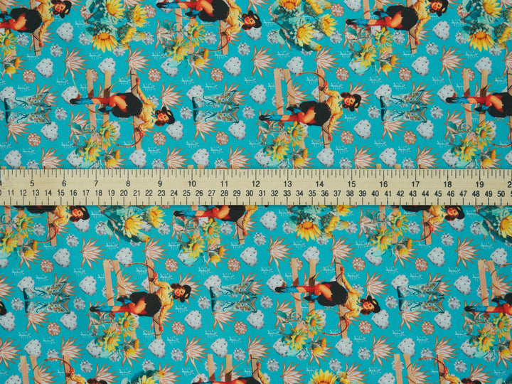 Charmeuse Satin sublimation  fabric by the yard -   Sunflowers Cactus and Cowgirls western tribal print