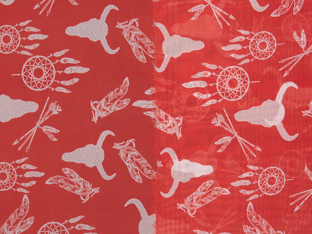 Chiffon fabric by the yard -Orange skull   tribal aztec print