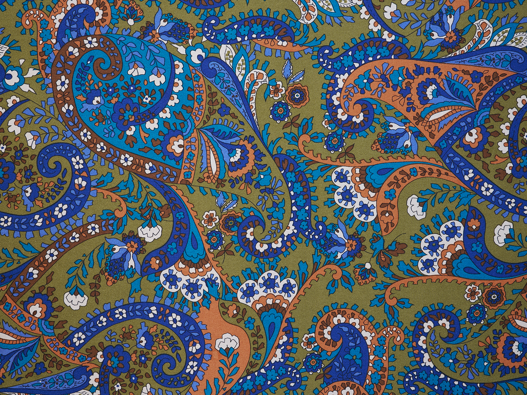 Paisley charmeuse satin fabric by the yard - Green, blue and brown tones