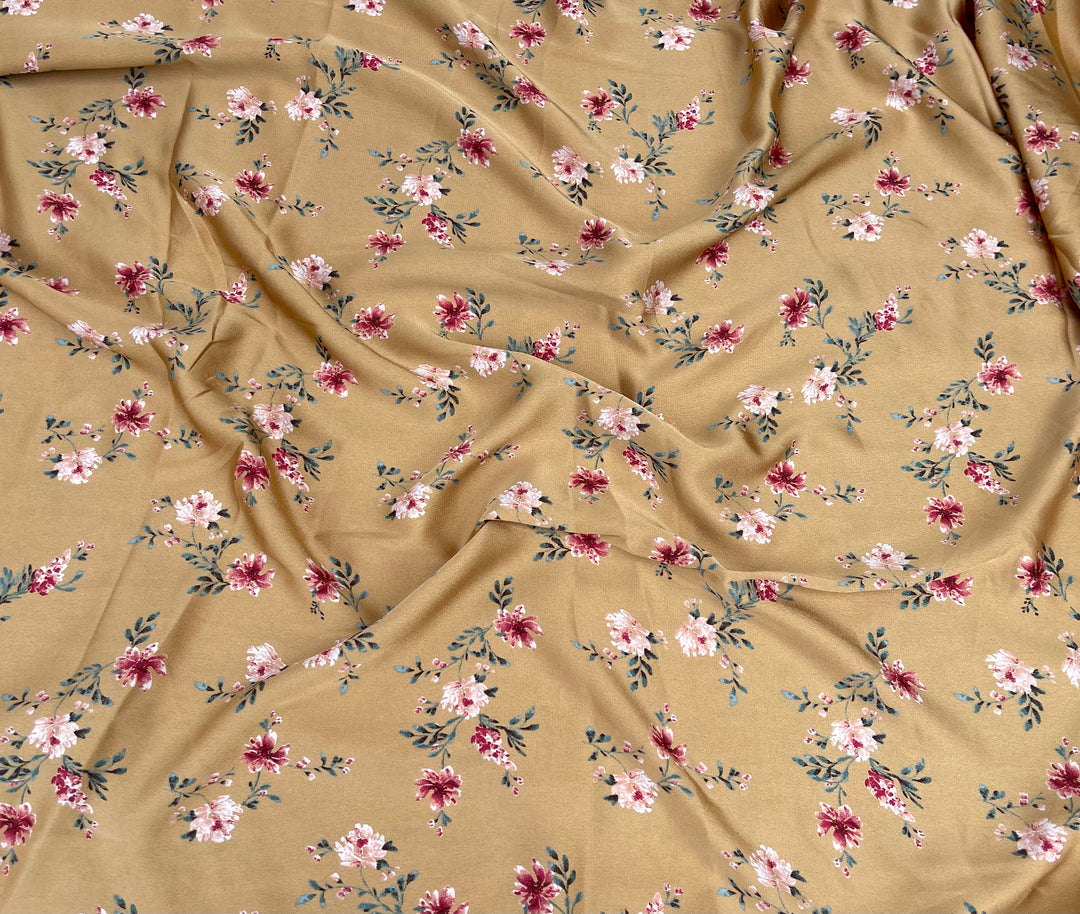 Lightweight  satin  dobby fabric by the yard - Bronzed mustard floral  pattern