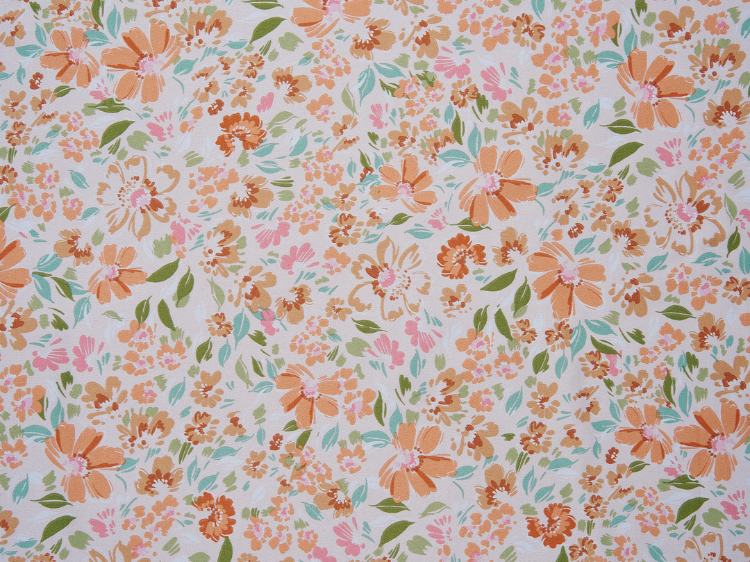 Faux silk charmeuse satin fabric by the yard - Off white  orange green    floral  print