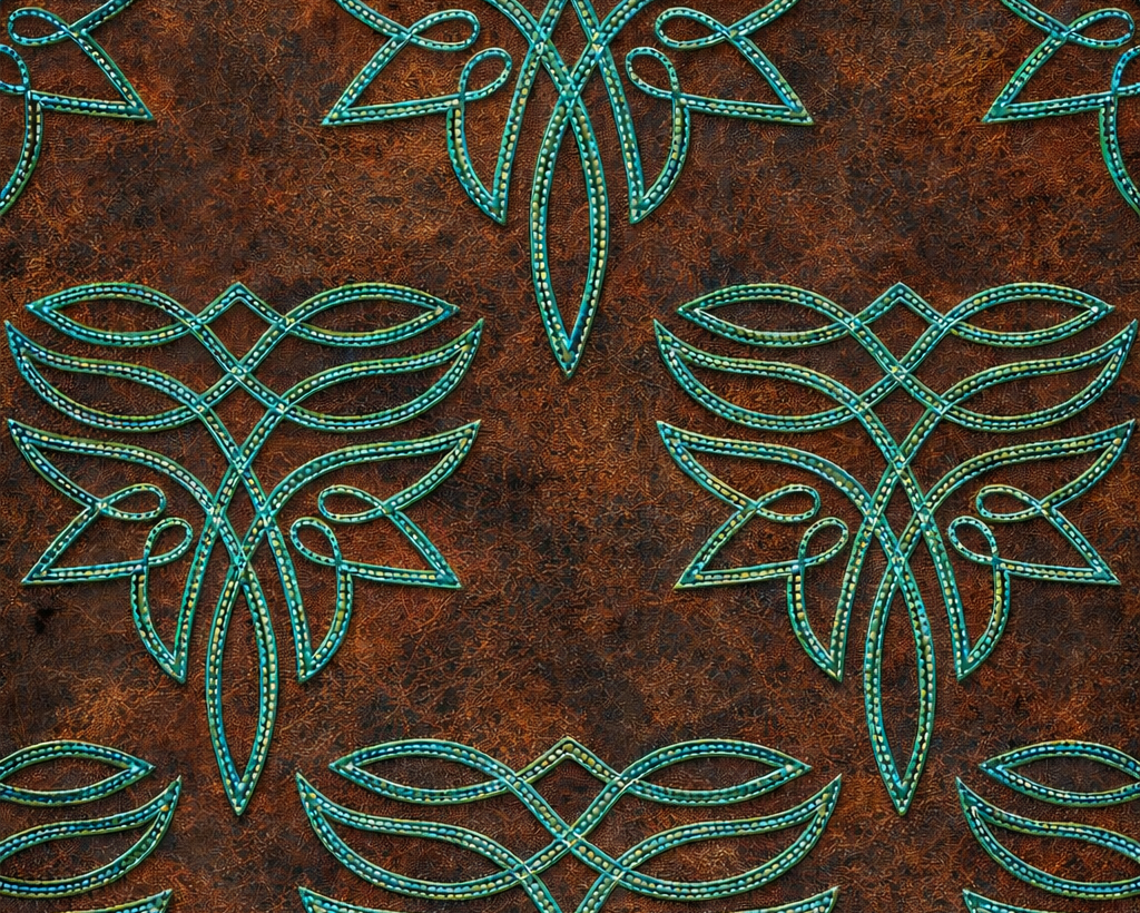 Decorative pattern of interlocking shapes on a textured brown background boot stitching 