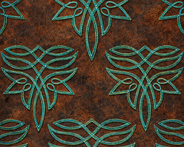 Decorative pattern of interlocking shapes on a textured brown background boot stitching 