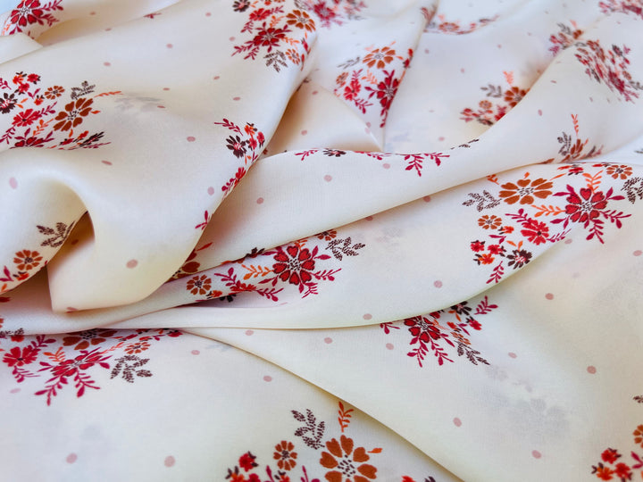 Lightweight  satin  fabric by the yard - Off white rusty orange    floral  and dots  print