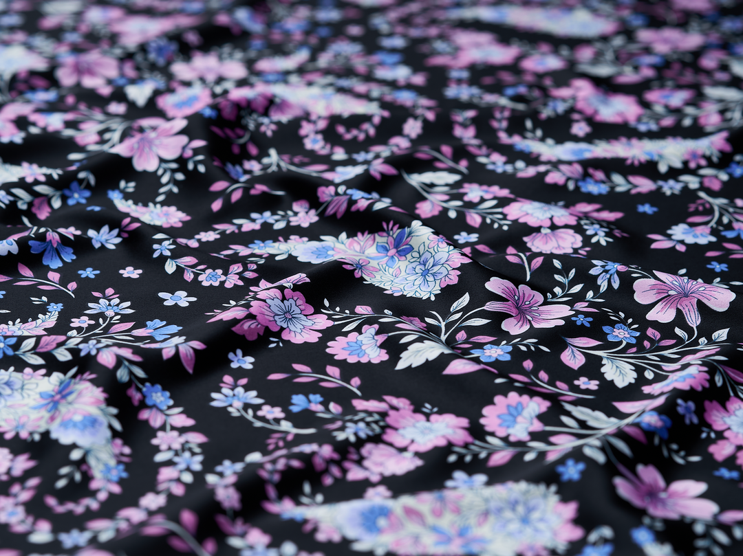 Faux silk charmeuse satin fabric by the yard - Black purple floral paisley print