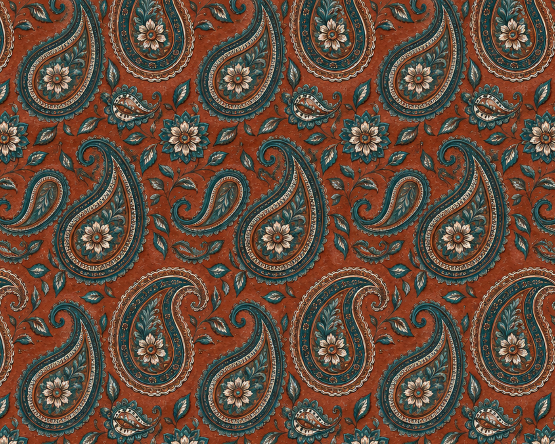Patterned fabric with paisley design on a red background