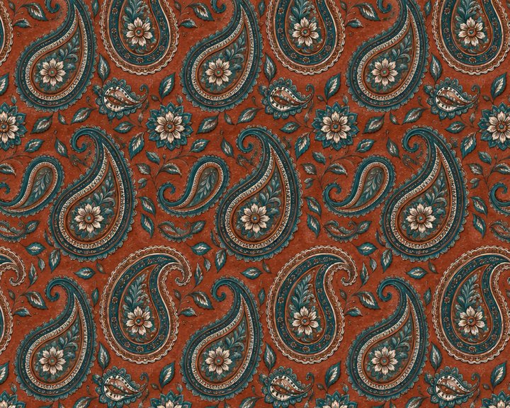 Patterned fabric with paisley design on a red background
