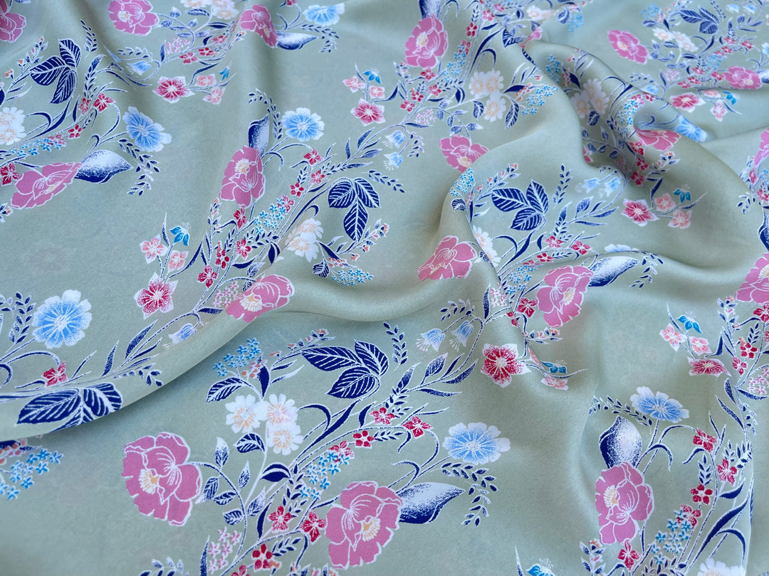 Lightweight  satin  fabric by the yard -  Sage blue and pink floral    print