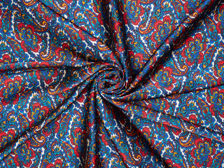 Charmeuse satin fabric by the yard - Red blue   paisley  print - USA made