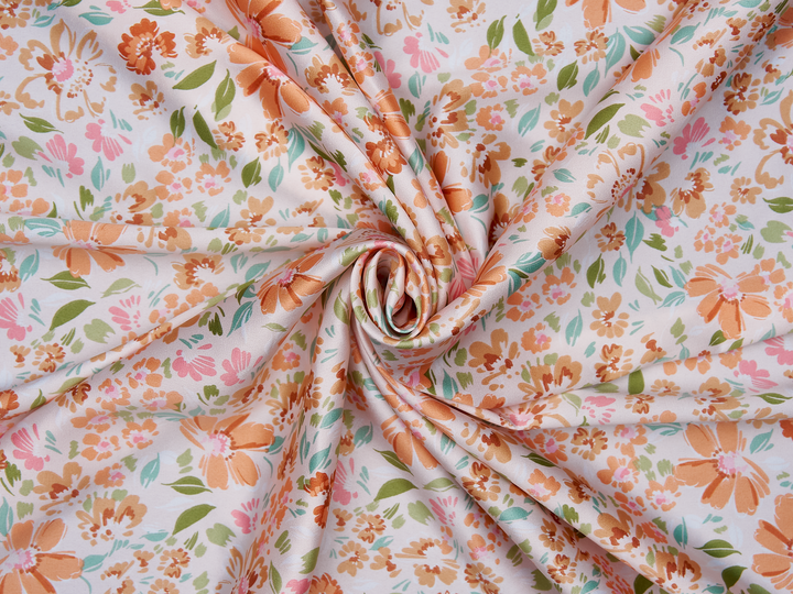 Faux silk charmeuse satin fabric by the yard - Off white  orange green    floral  print