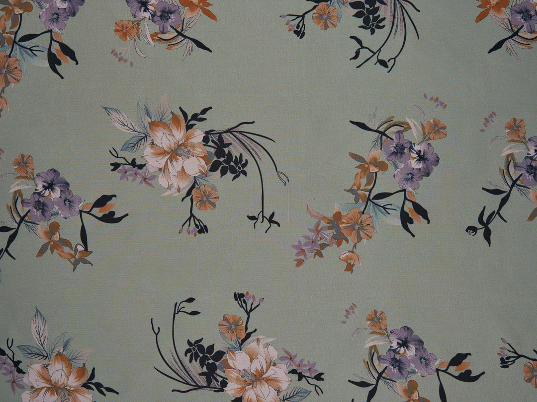 Lightweight  satin fabric by the yard - Rusty lavender flowers  with brown tones on a Peachy background - floral pattern