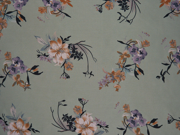 Lightweight  satin fabric by the yard - Rusty lavender flowers  with brown tones on a Peachy background - floral pattern