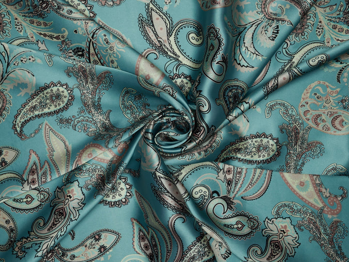 Charmeuse satin fabric by the yard - Pastel aqua blue paisley  print - USA made