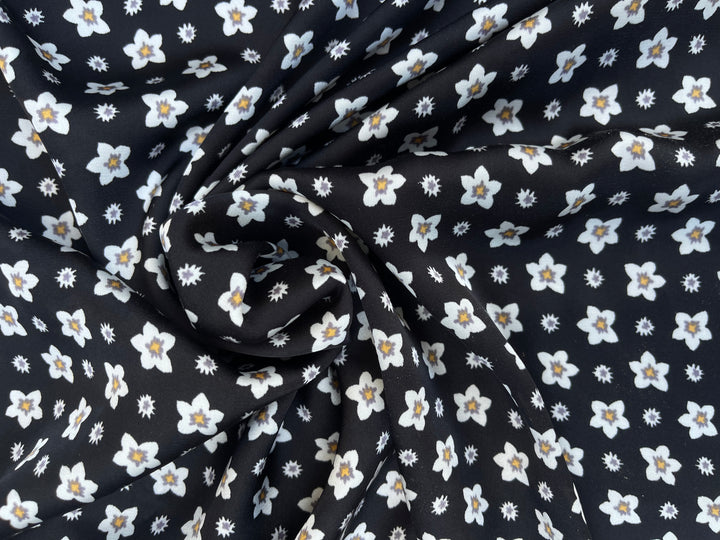 Lightweight  satin  fabric by the yard - Black white dainty    florals  print