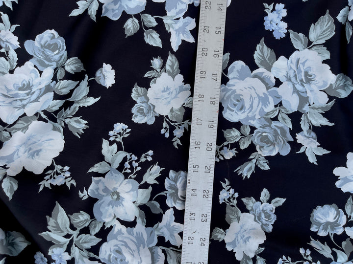 Lightweight  satin  fabric - Black white and gray floral   print