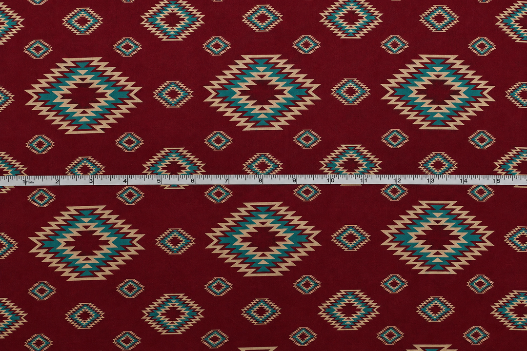 Western Burgundy and Teal Tribal  Satin Charmeuse Fabric by the Yard – Silky Cowboy Wild rag  Shirt Fabric