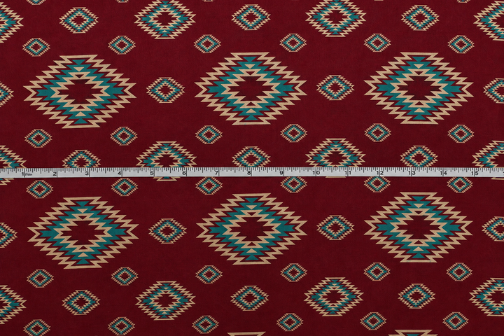 Western Burgundy and Teal Tribal  Satin Charmeuse Fabric by the Yard – Silky Cowboy Wild rag  Shirt Fabric