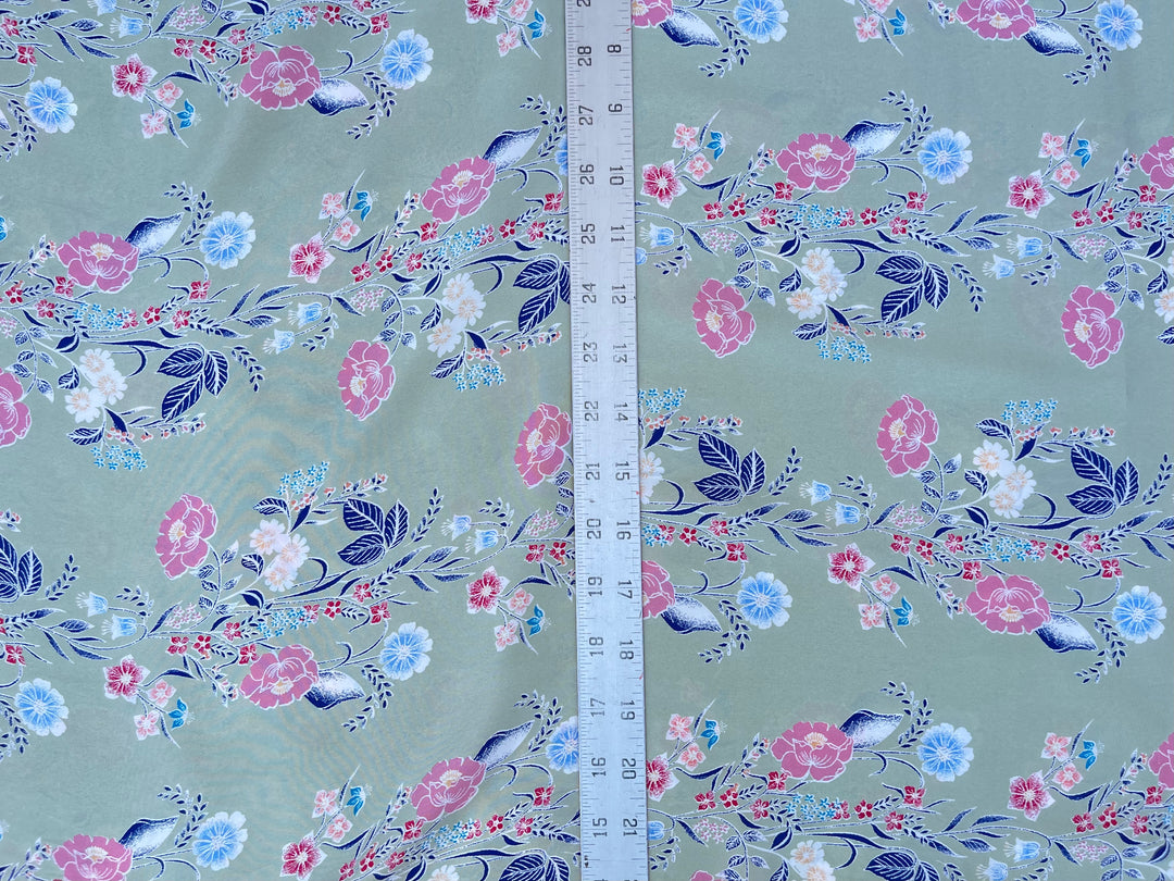 Lightweight  satin  fabric by the yard -  Sage blue and pink floral    print