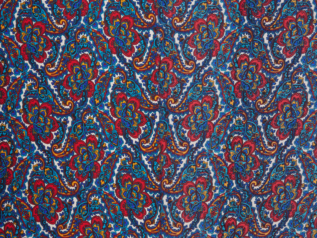 Charmeuse satin fabric by the yard - Red blue   paisley  print - USA made