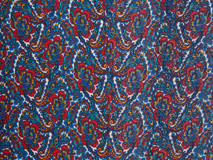 Charmeuse satin fabric by the yard - Red blue   paisley  print - USA made