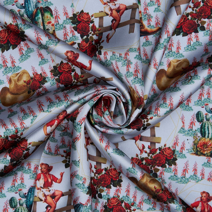 Charmeuse Satin sublimation  fabric by the yard -   Cowgirls, roses and Indian brush flowers  print